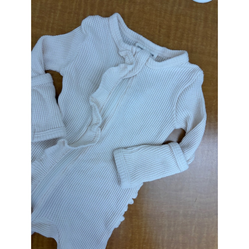 Spearmint Love Cream Waffle Knit Ruffle Zipper Footed Sleeper 0-3M